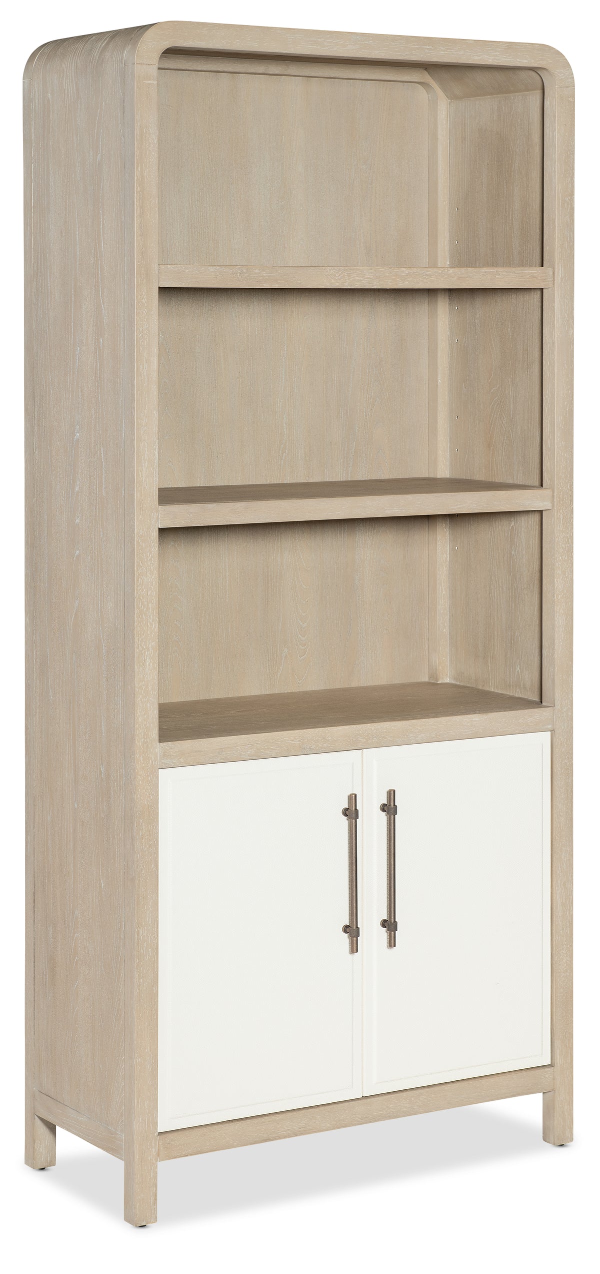 a white and wood bookcase