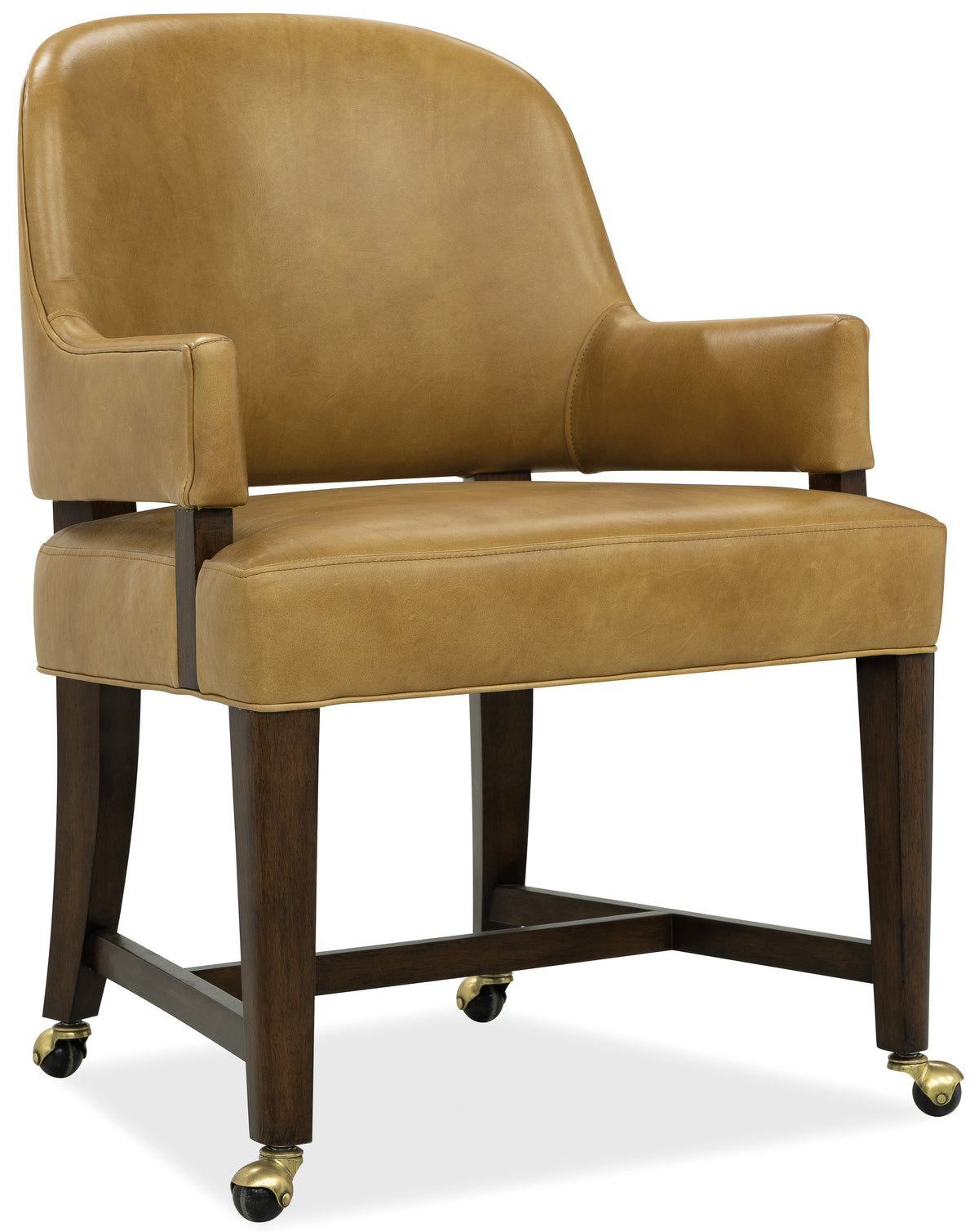 a brown leather chair with wheels