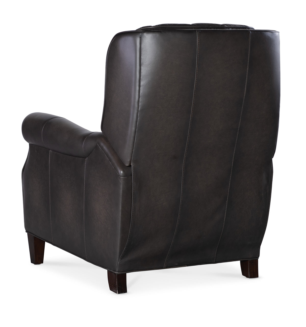 a black leather chair with wooden legs