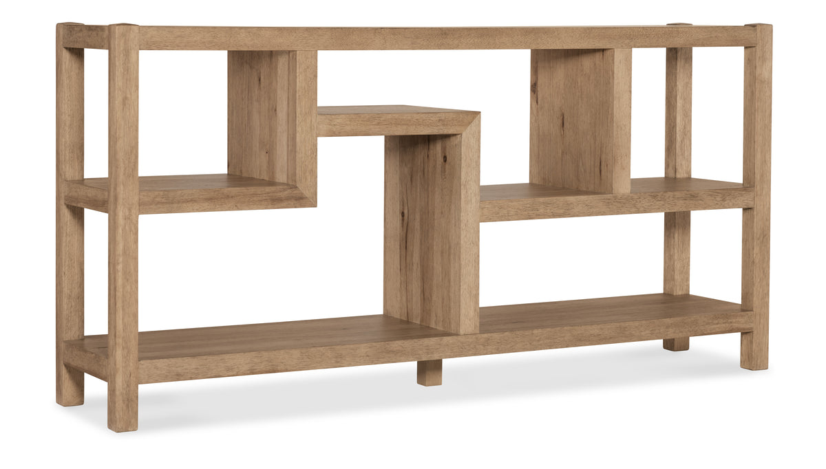 a wooden shelf with different shelves
