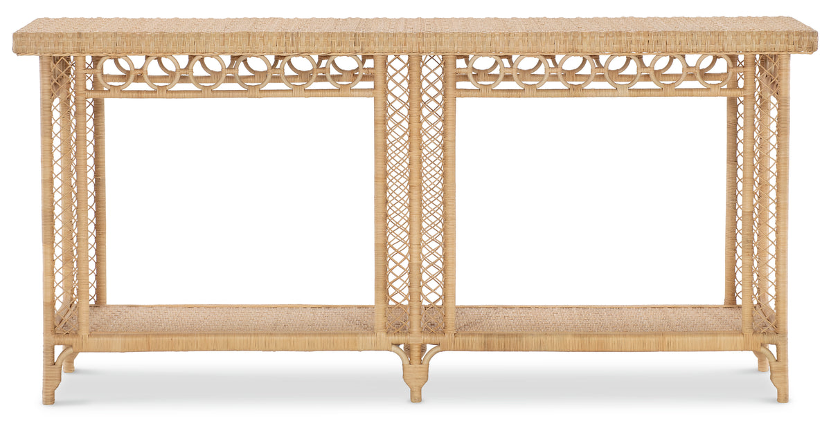 a wicker table with a shelf