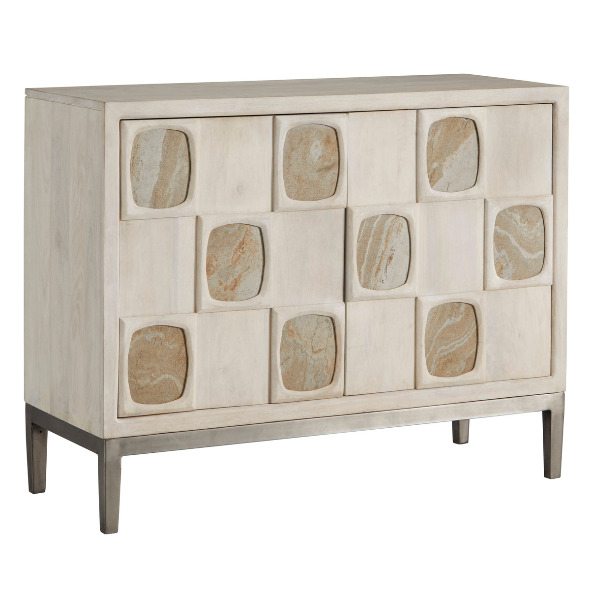 a white cabinet with brown and white stones