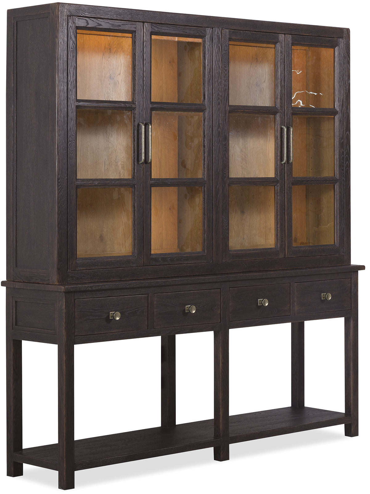 a wooden cabinet with glass doors