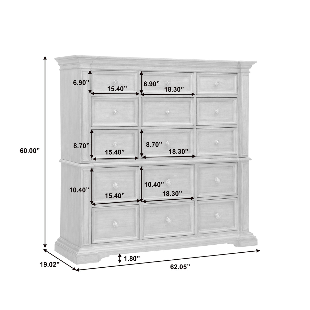 a white chest of drawers with sizes and measurements