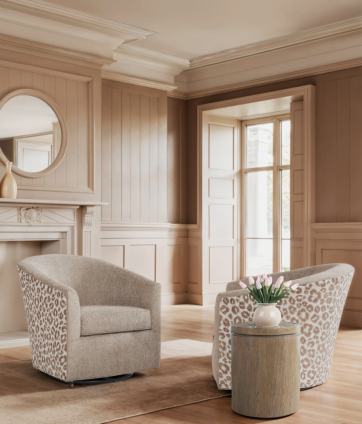 a room with a fireplace and chairs