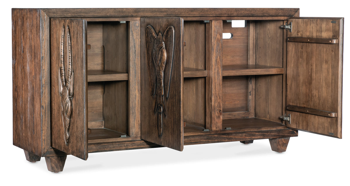 a wooden cabinet with open doors