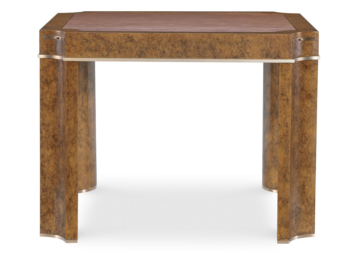 a brown table with gold trim