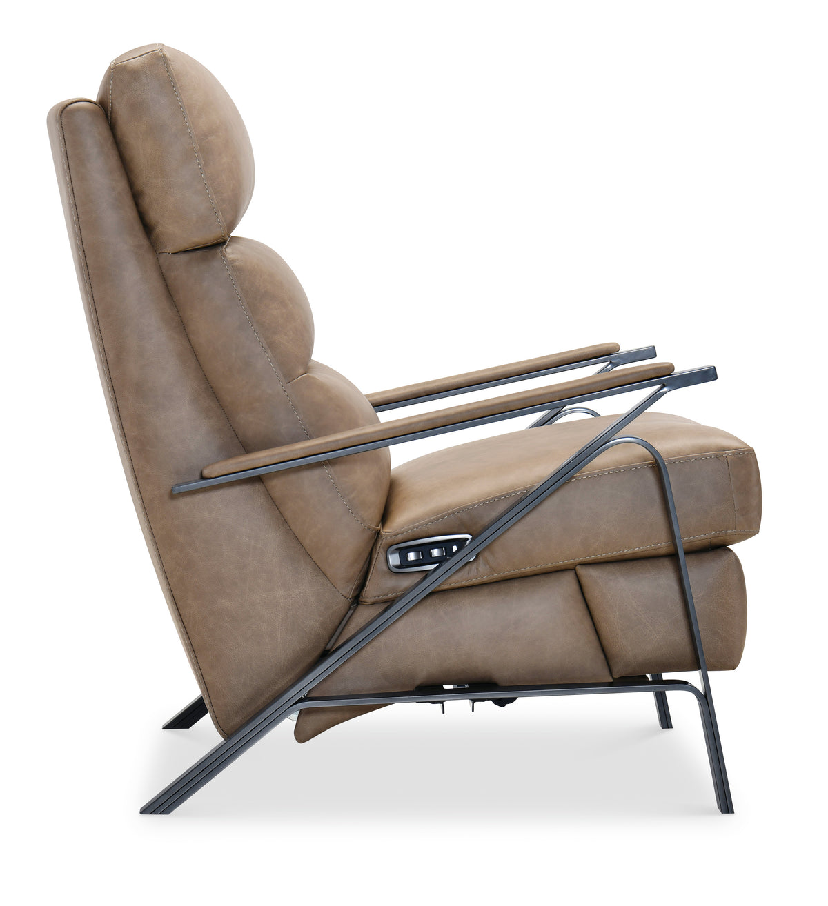 a brown leather recliner with metal legs