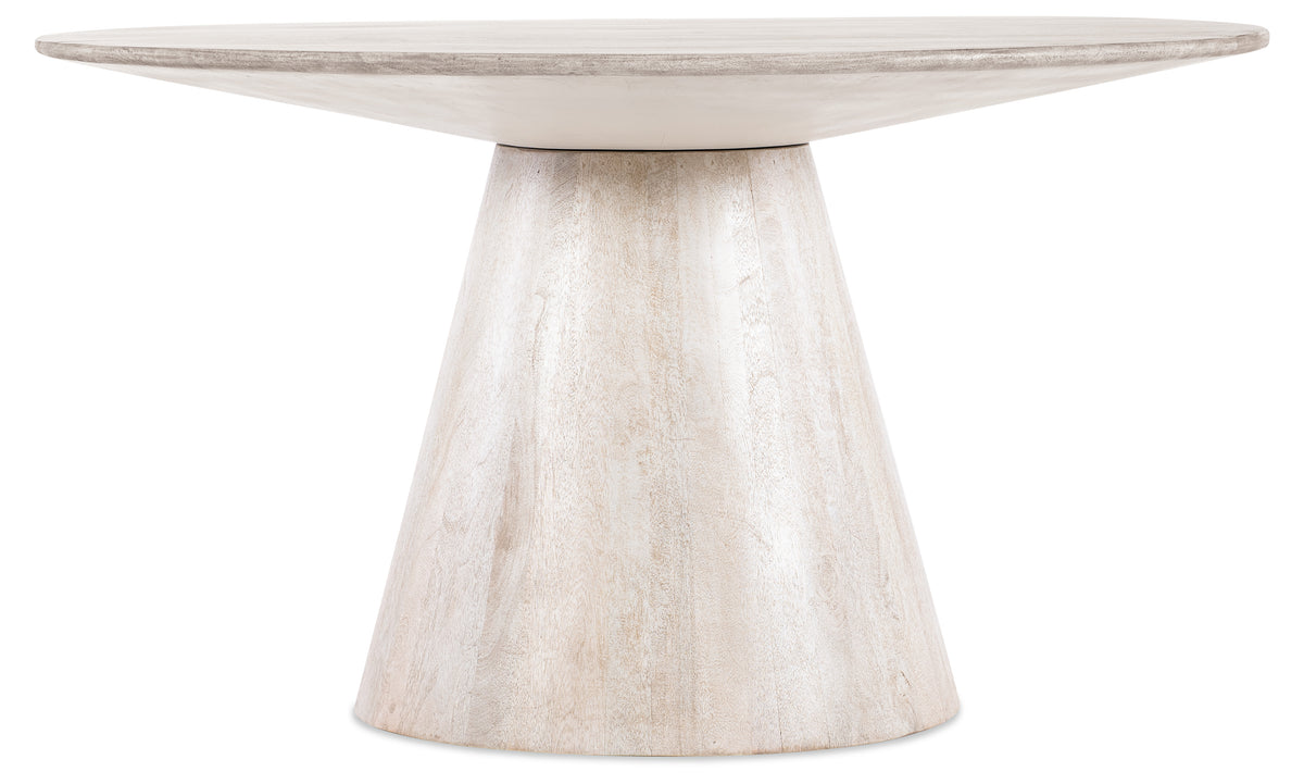 a white table with a round base
