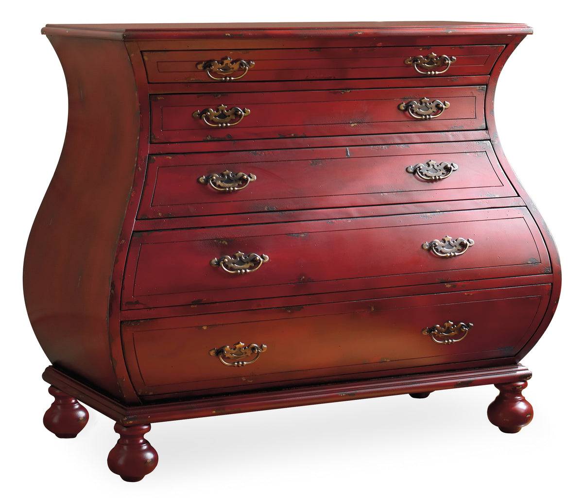 a red dresser with gold handles