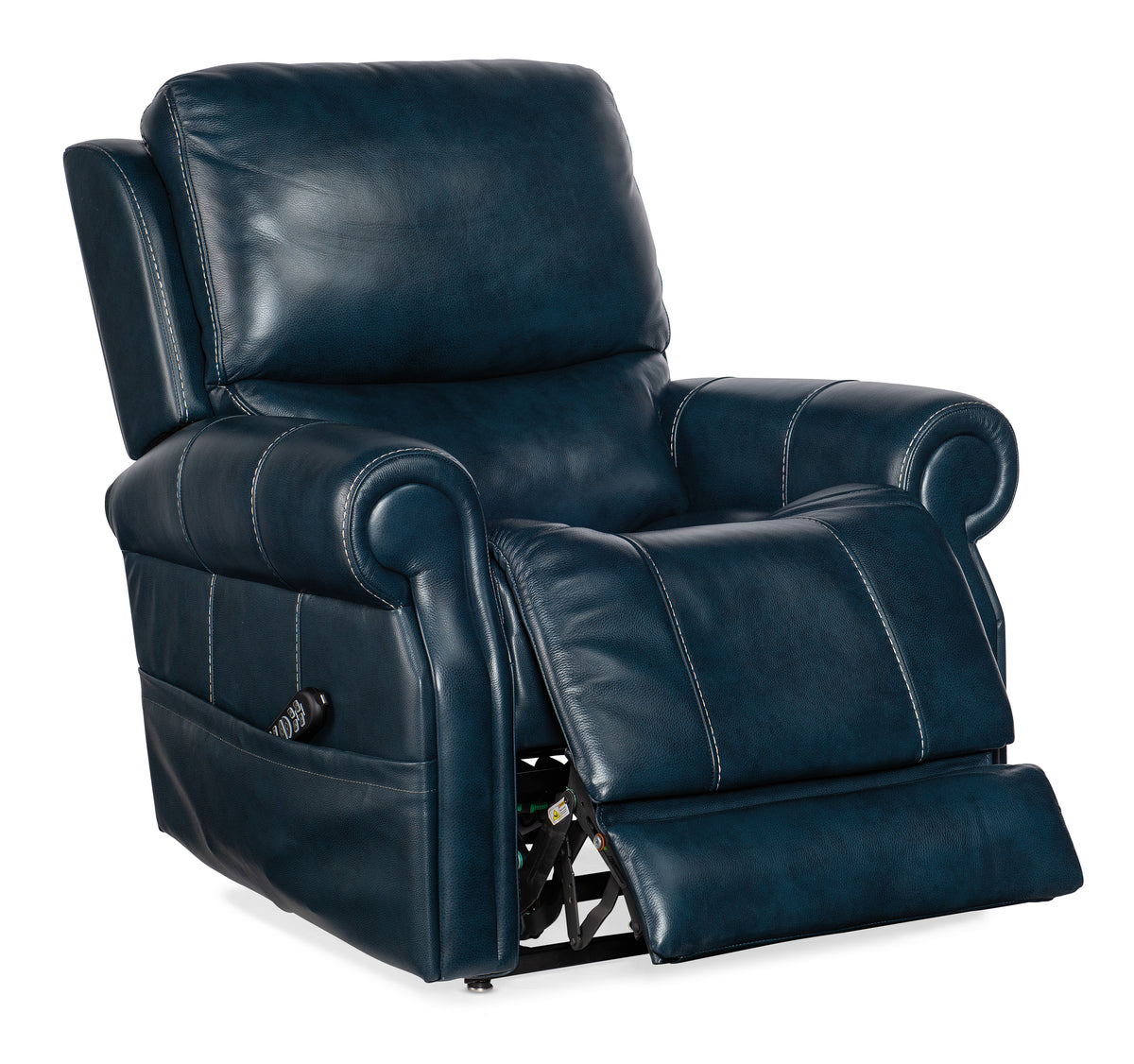 a blue leather recliner chair