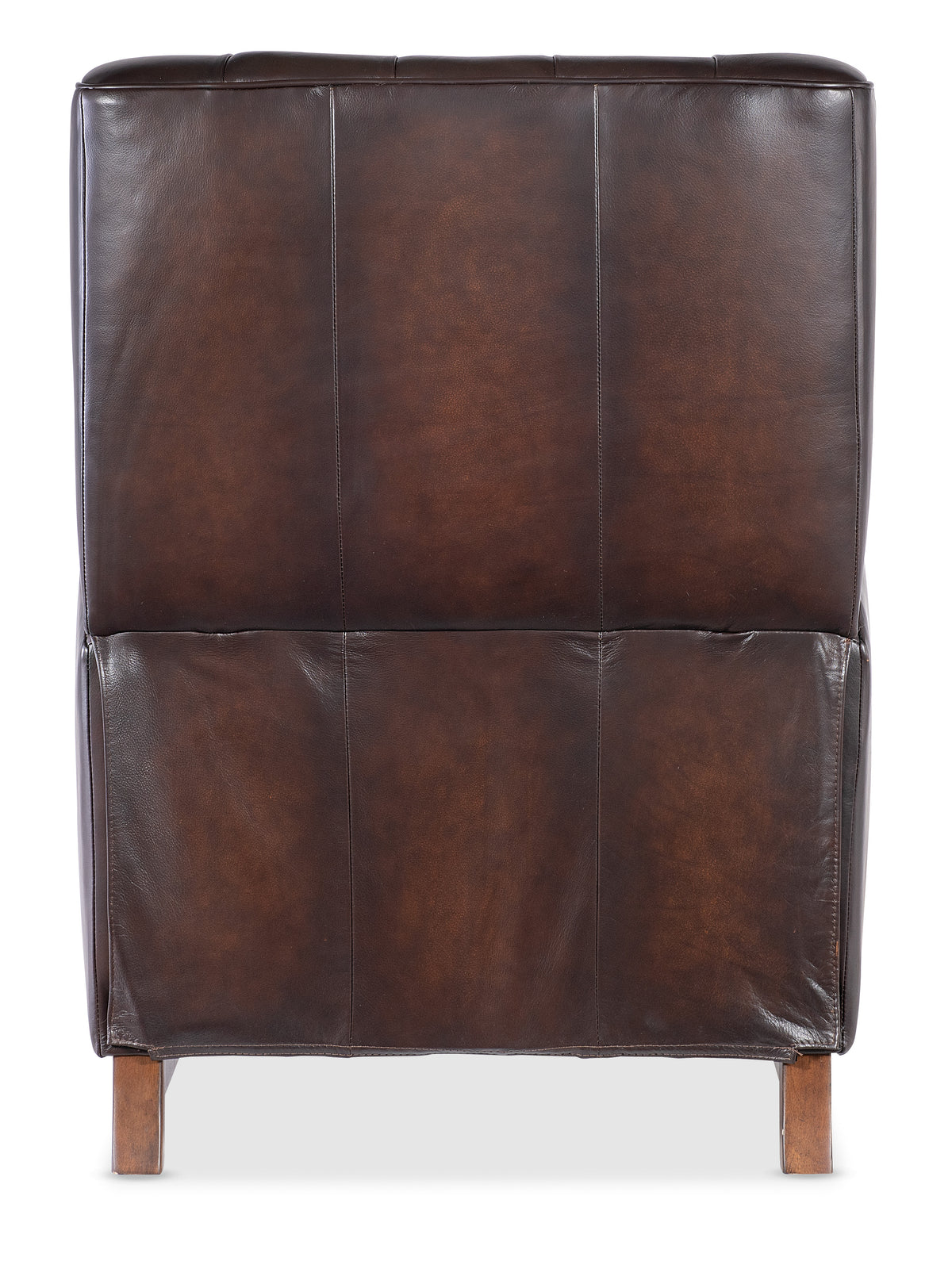 a brown leather chair with wooden legs