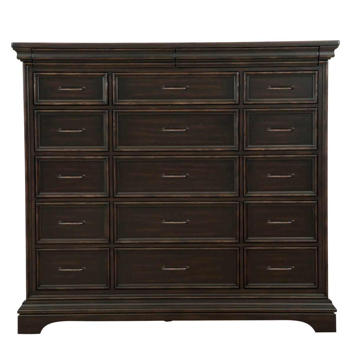 a brown dresser with drawers
