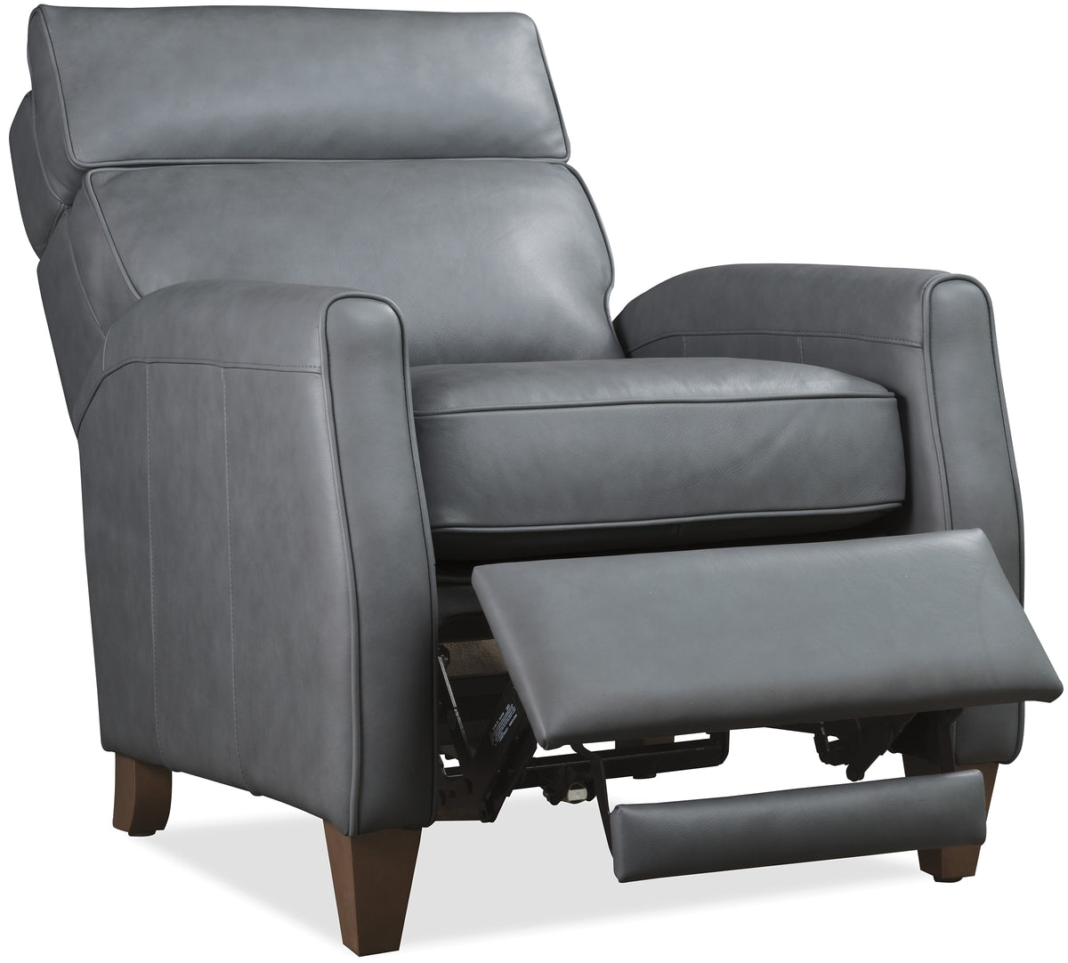 a grey leather recliner with a white background