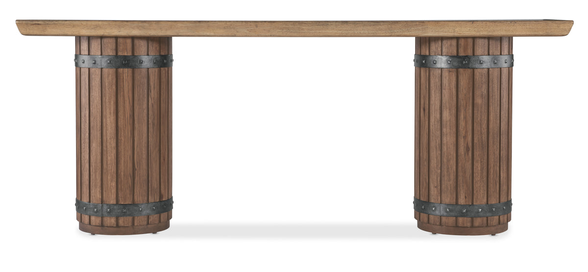 a wooden table with metal bands