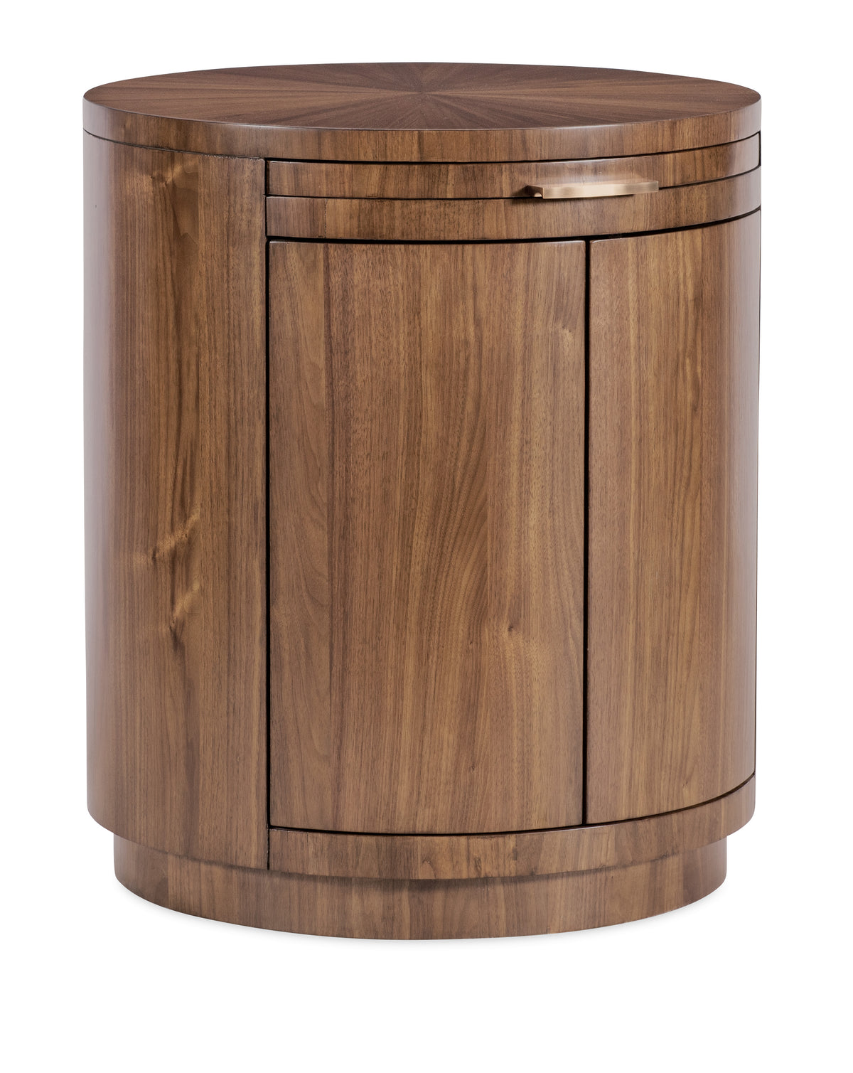 a round wooden cabinet with a drawer