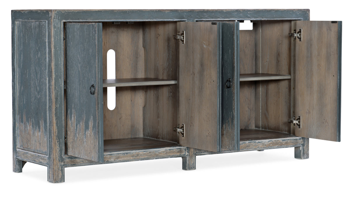 a wooden cabinet with shelves