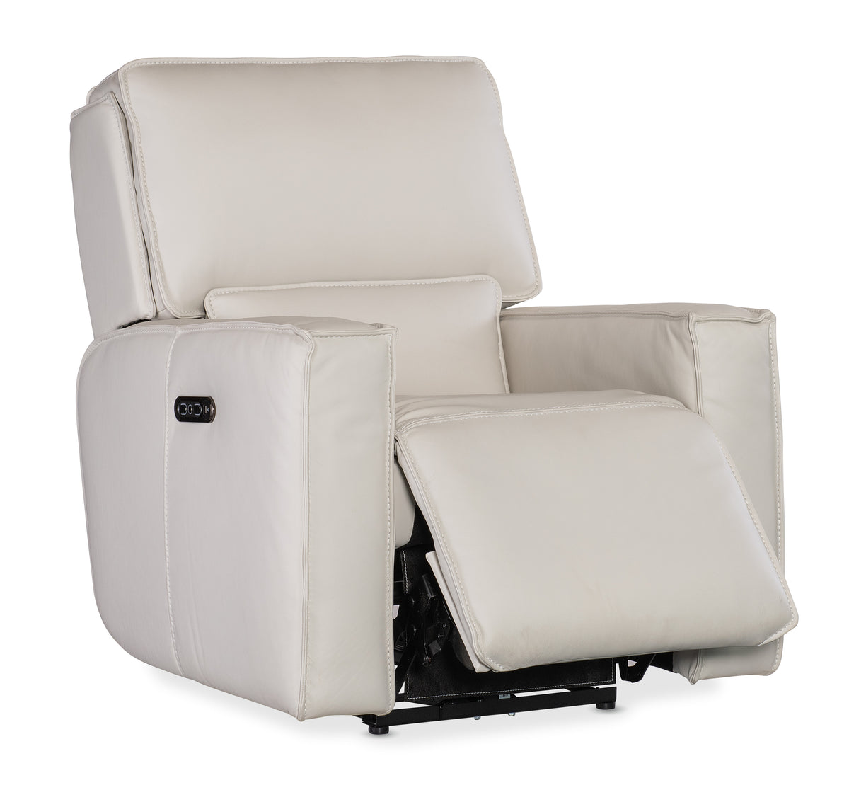 a white recliner with black buttons