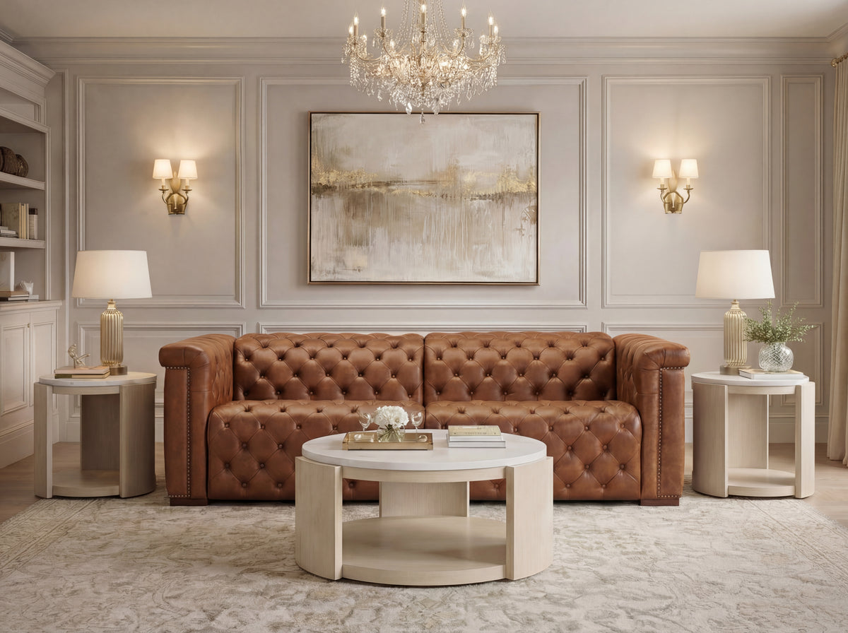 a living room with a couch and a chandelier