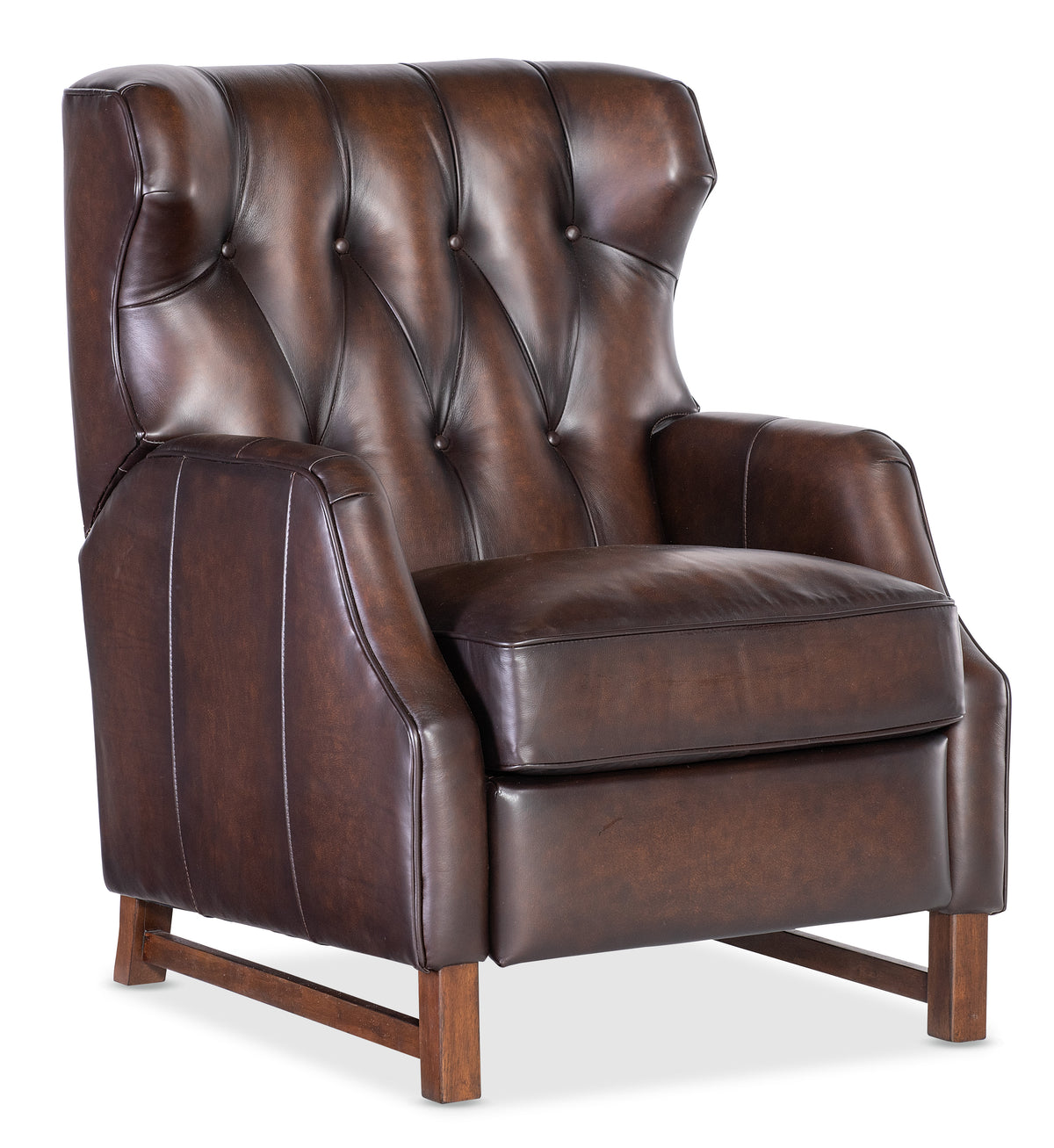 a brown leather chair with wooden legs