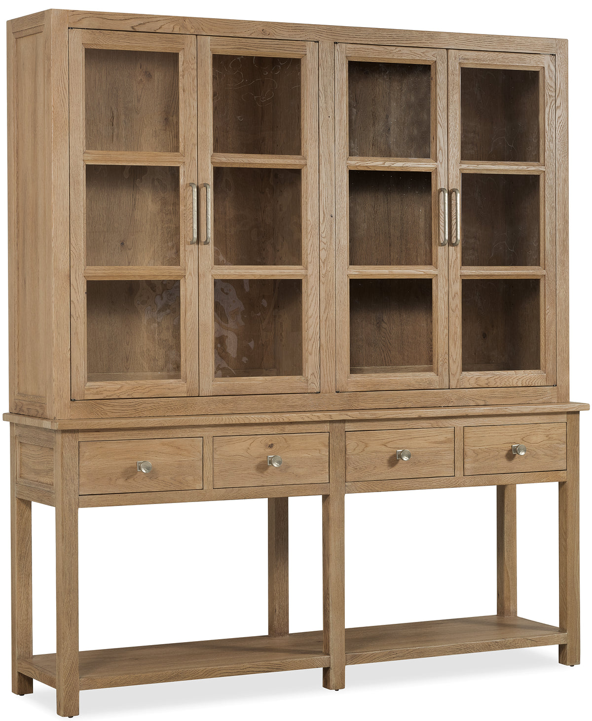 a wooden cabinet with glass doors
