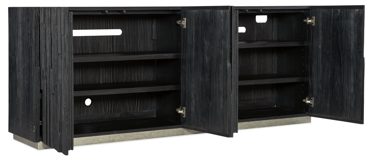 a black shelf with open doors
