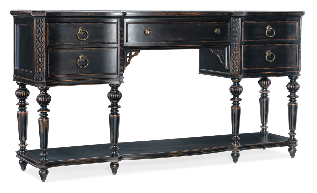 a black wooden desk with drawers