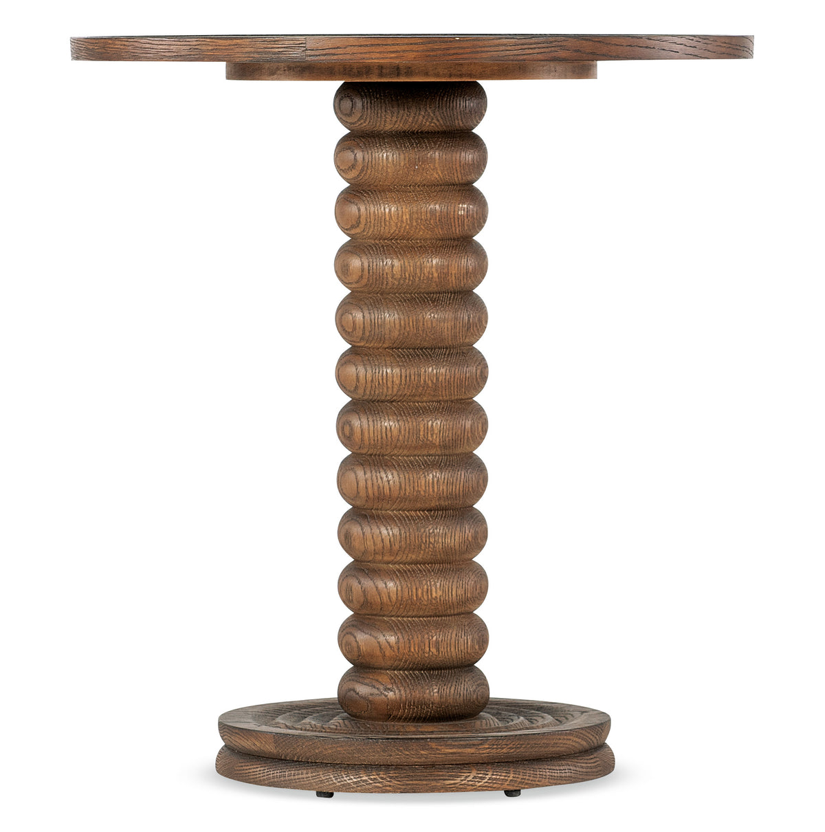 a round wooden table with a white background