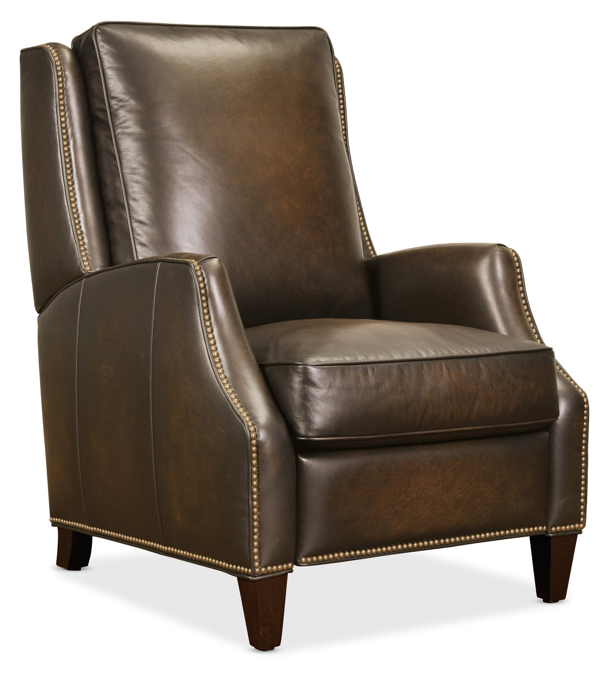 a brown leather chair with nail heads