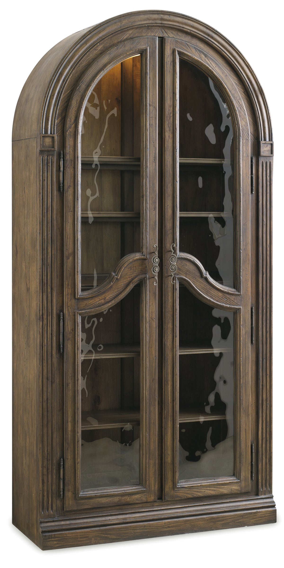 a wooden cabinet with glass doors