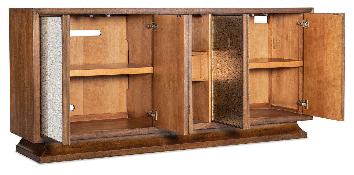 a wooden cabinet with open doors