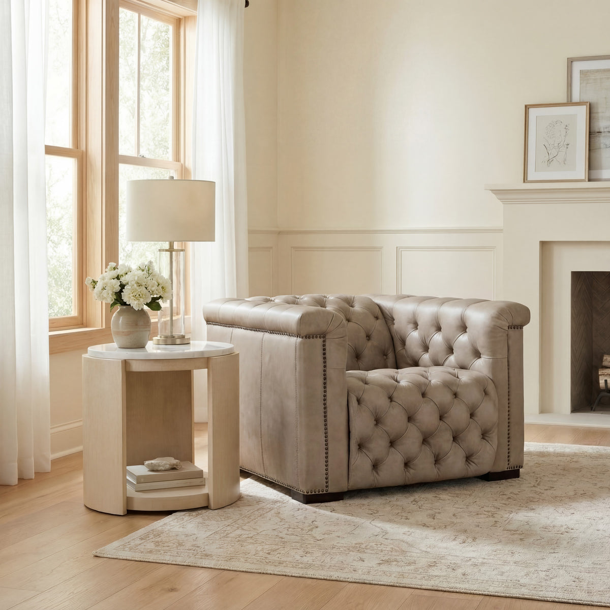a living room with a couch and a fireplace