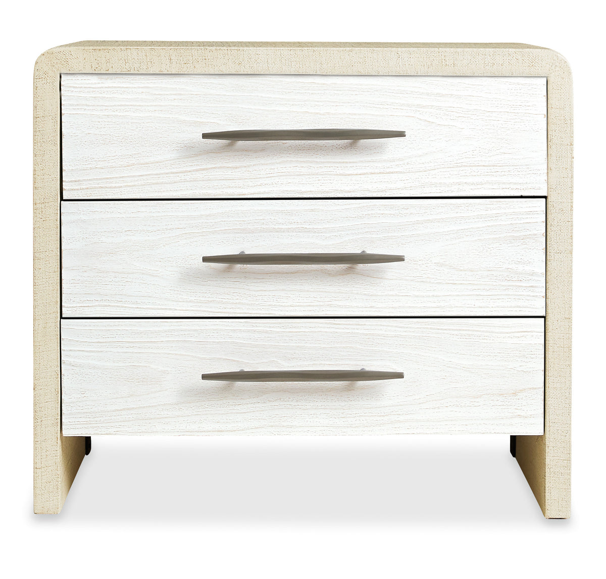 a white dresser with metal handles