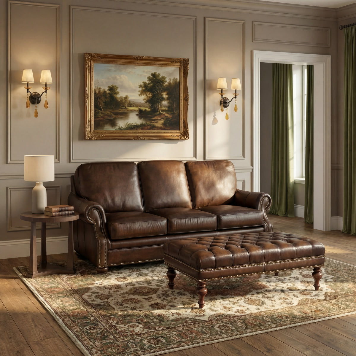 a living room with a leather couch and ottoman
