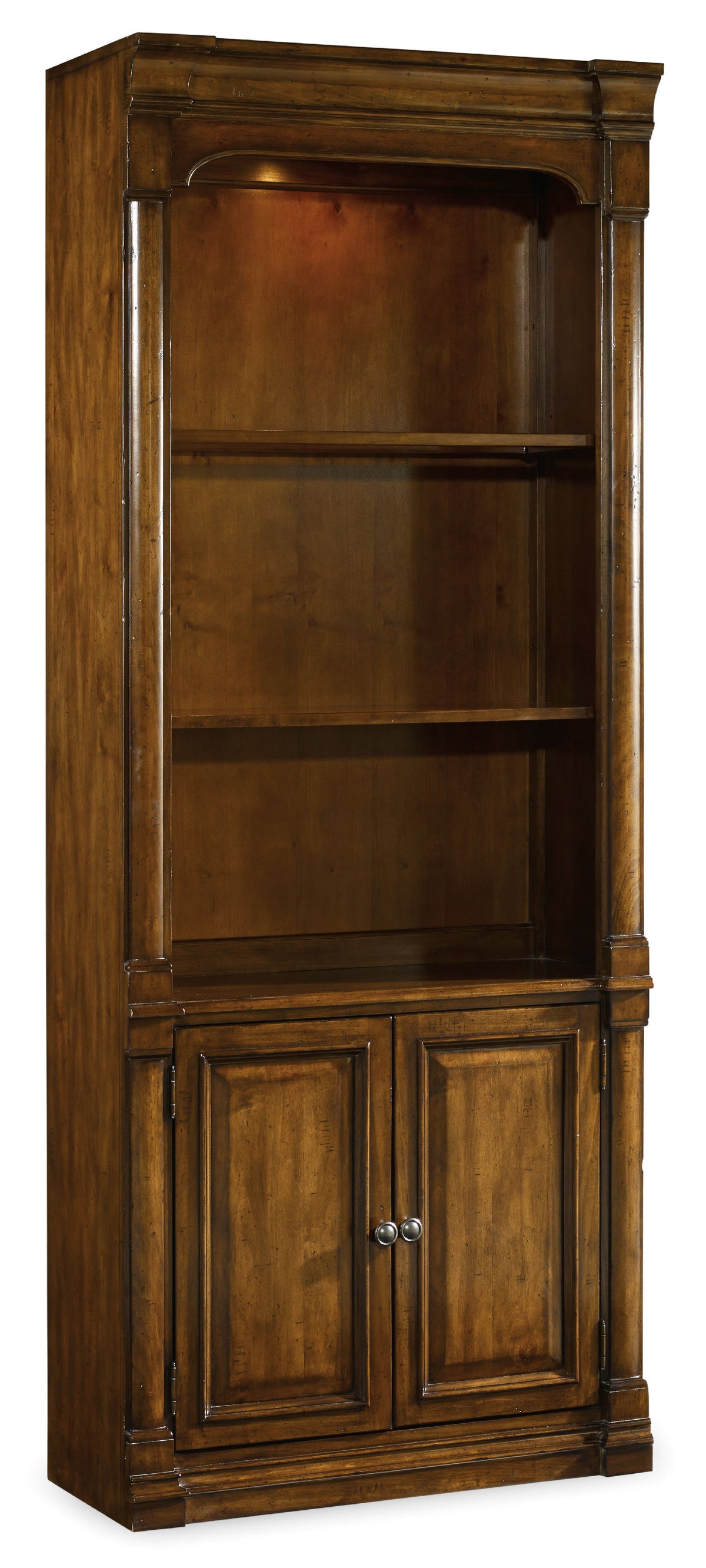a wooden bookcase with two shelves
