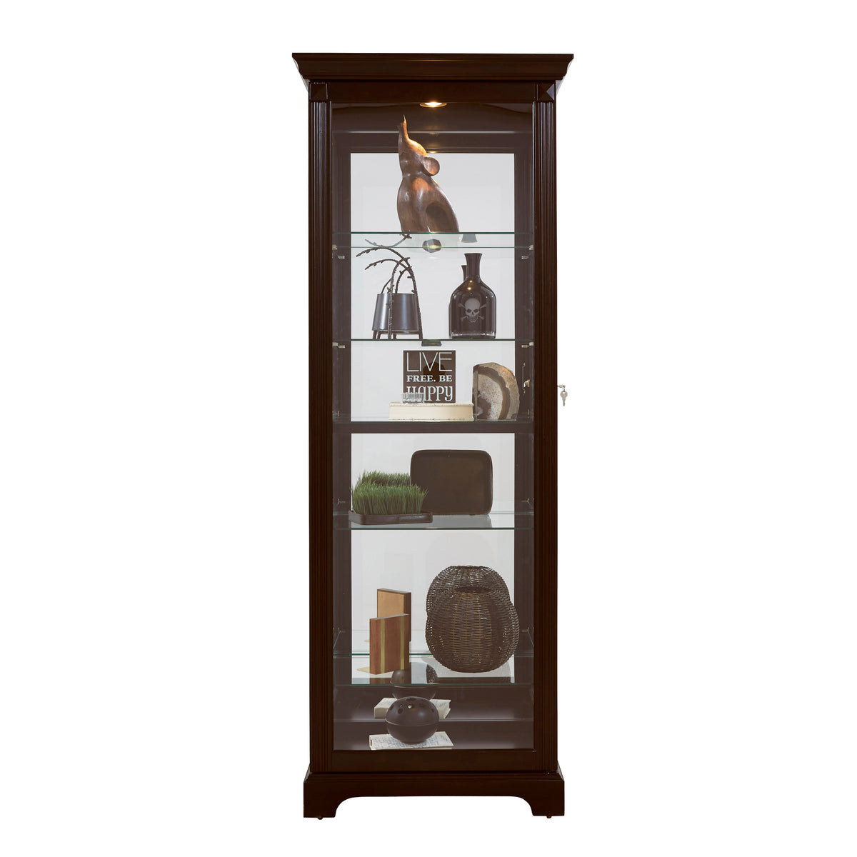 a glass cabinet with various objects on it