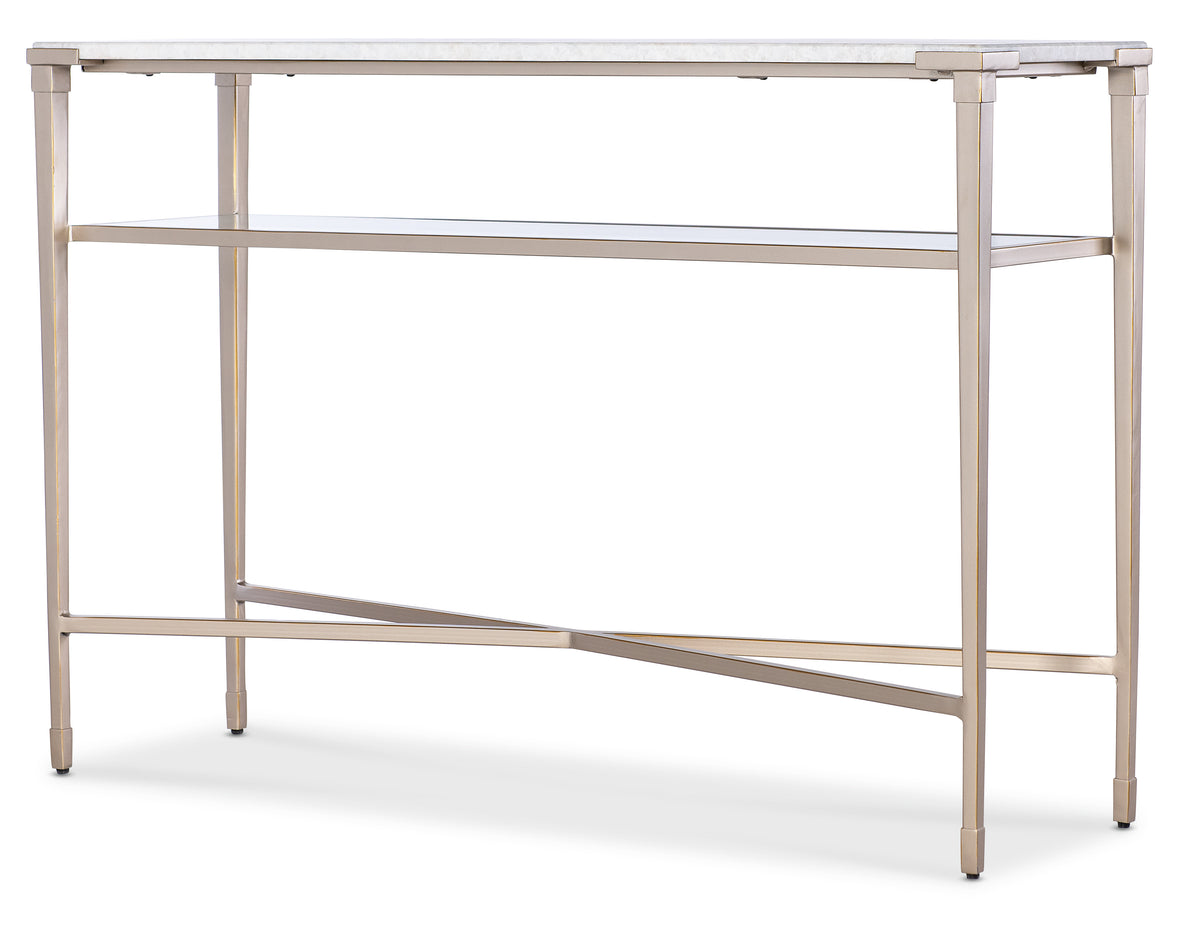 a white table with a metal frame