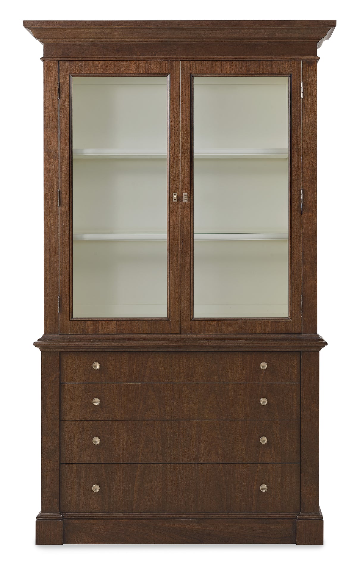 a wooden cabinet with glass doors
