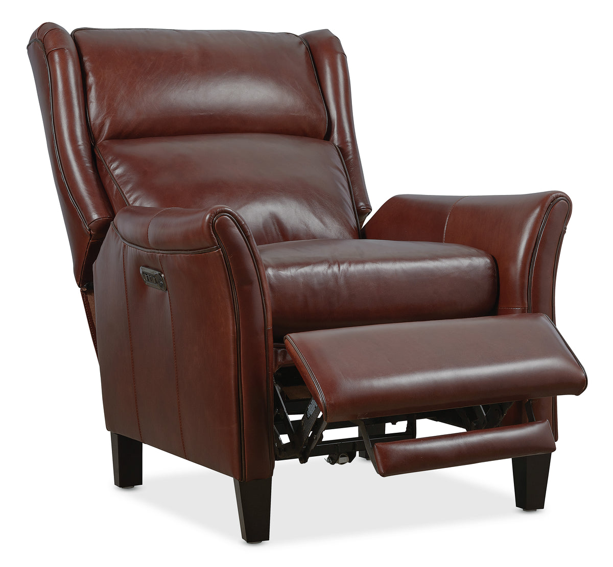 a brown leather recliner with footrest