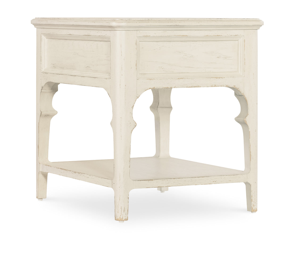 a white end table with a shelf