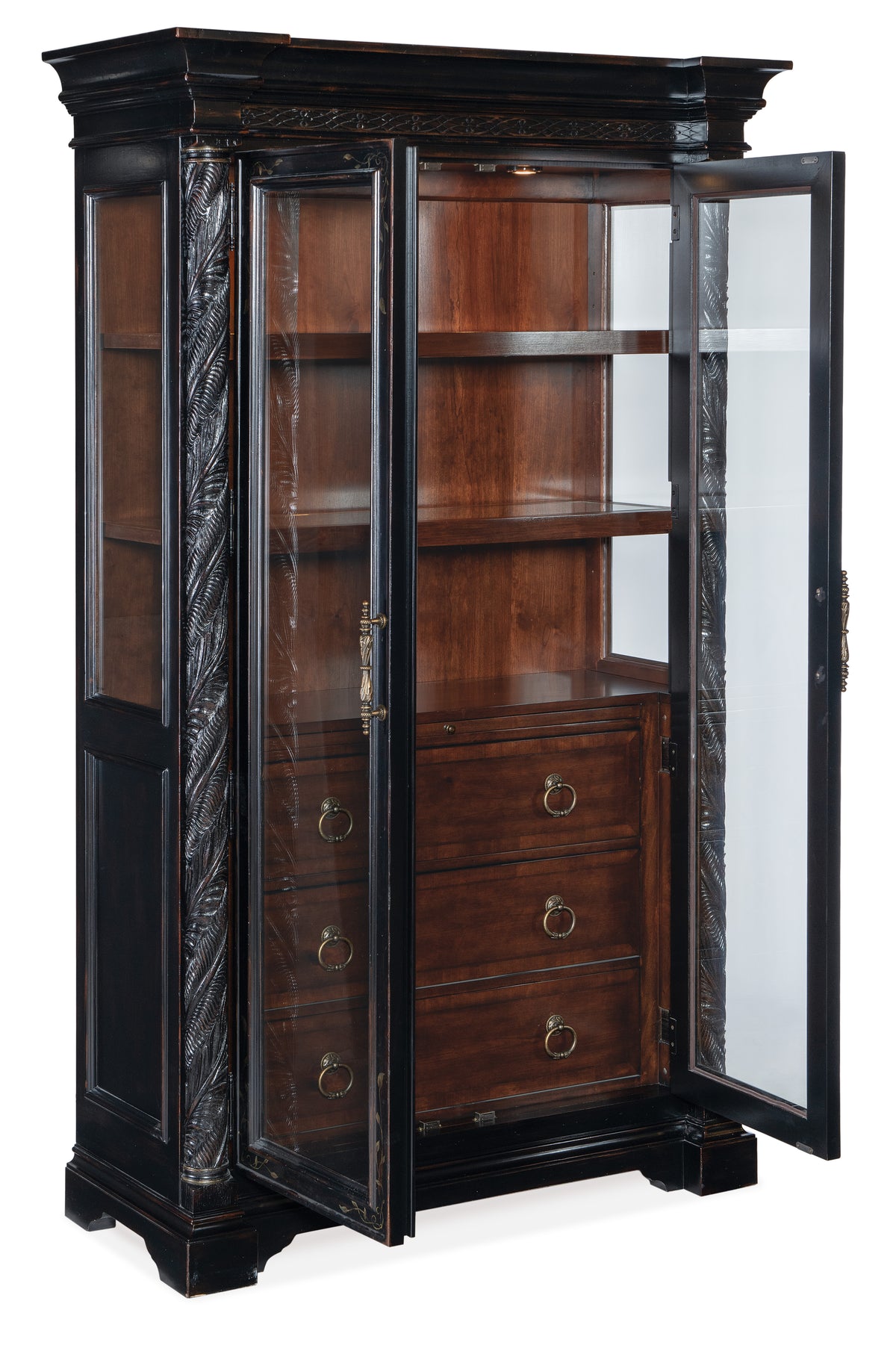 a wooden cabinet with glass doors