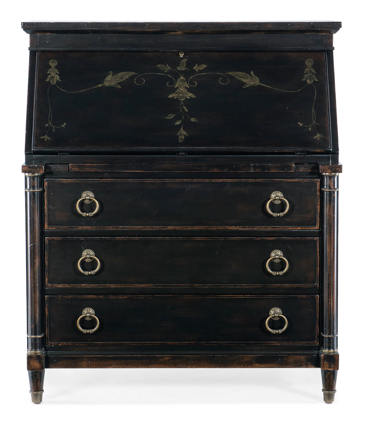 a black desk with gold handles