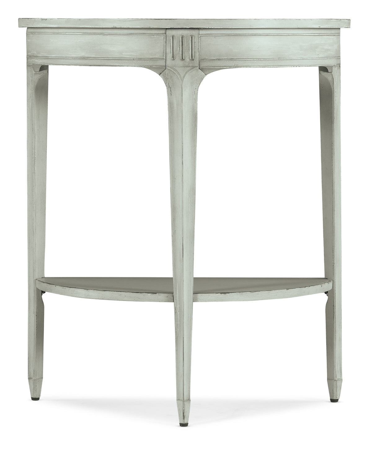 a white table with a shelf