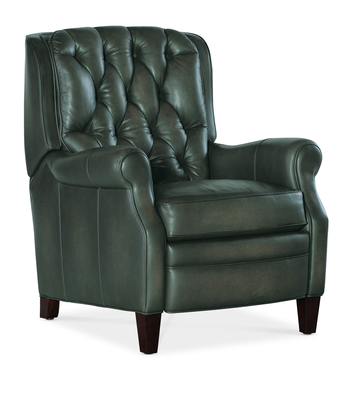 a green leather chair with wooden legs