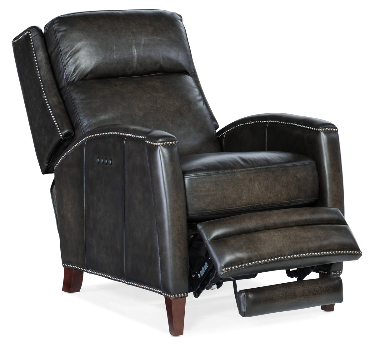 a black leather recliner with white trim