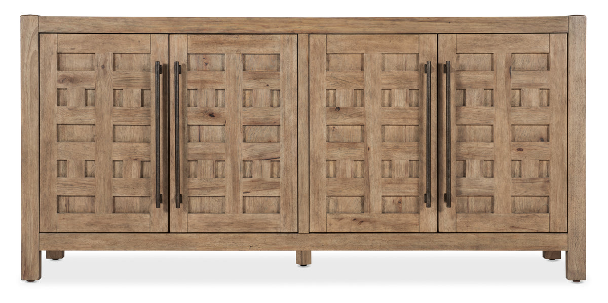 a wooden cabinet with metal handles