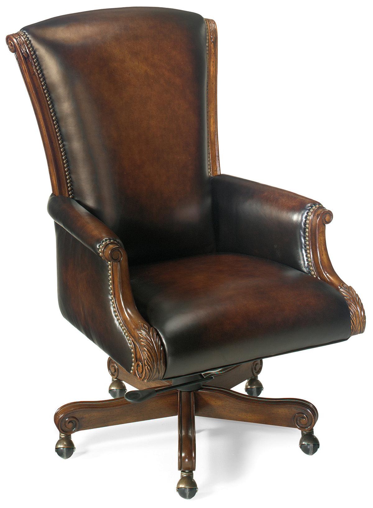 a brown leather chair with wooden legs