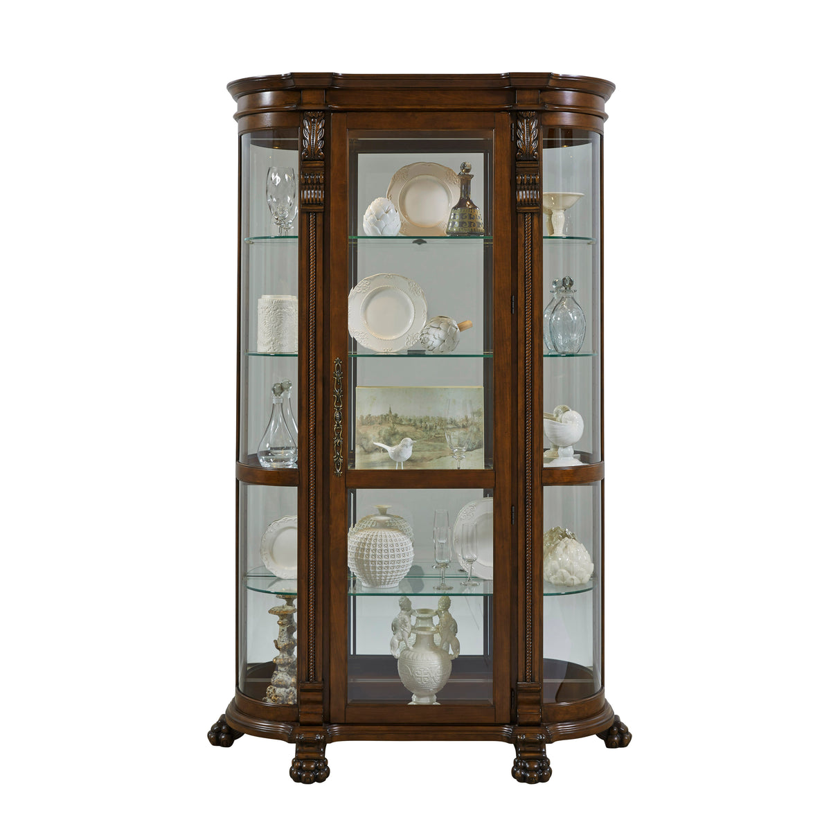 a glass cabinet with plates and vases
