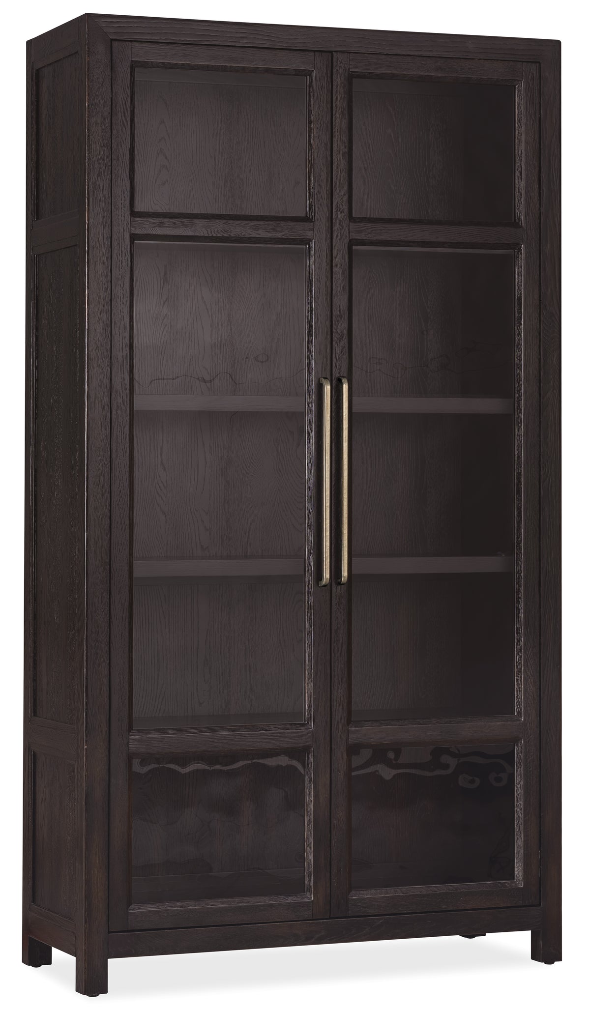 a black cabinet with glass doors