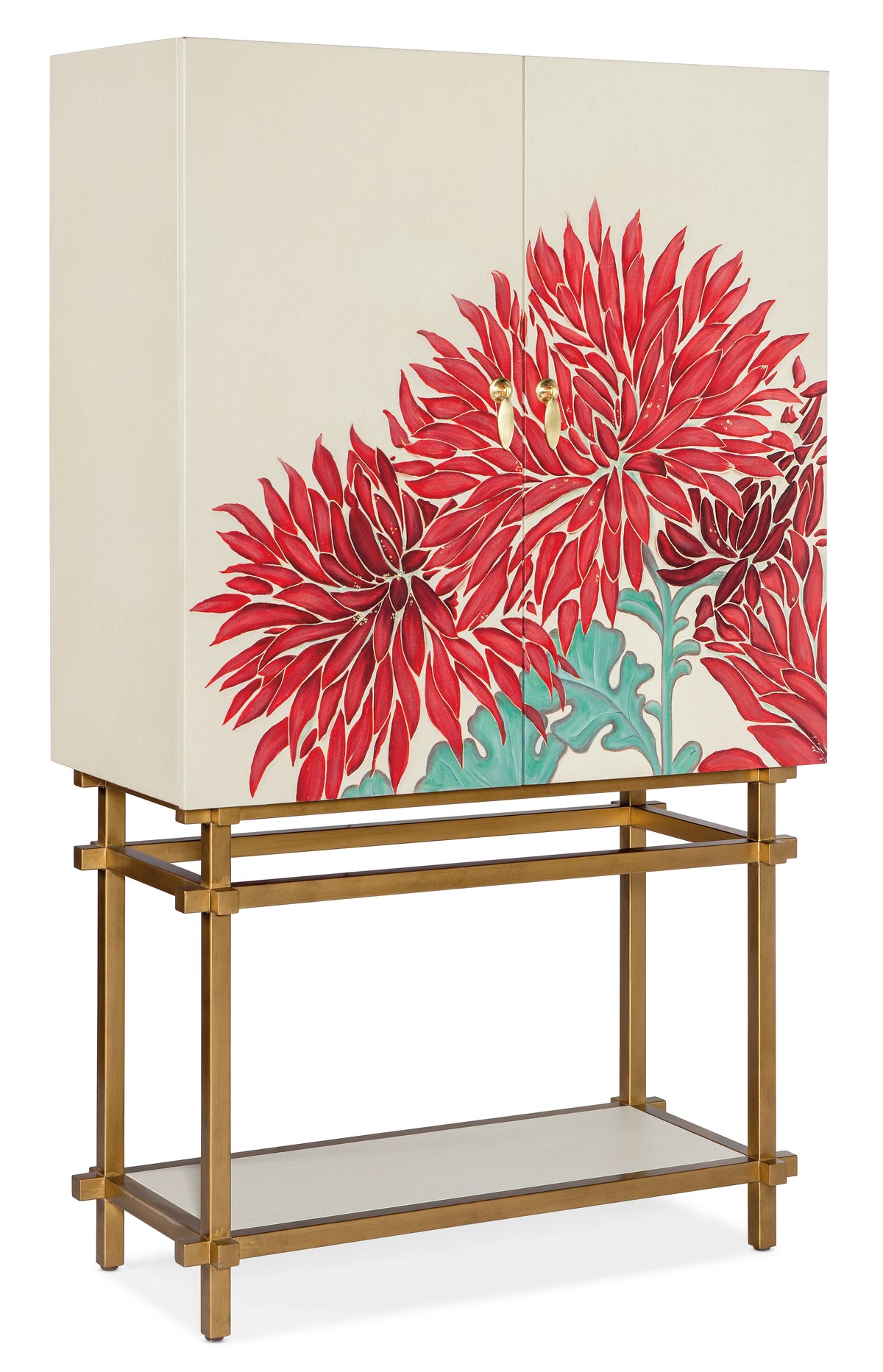 a white cabinet with red flowers on it